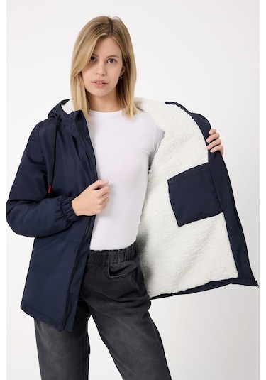 Freemen Kadın Lacivert Kürklü Su Ve Rüzgar Geçirmez Kapüşonlu Kışlık Mont Lacivert