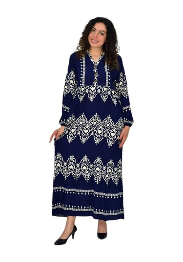 Kadın Kol Lastikli V Yaka Elbise Bgl-st04642 Lacivert