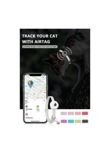 Geeroyoo Kedi İzleyici Airtag Kordonu Silikon Kılıf, Yansıtıcı Işıklı, Güvenli Kilitli, Ayarlanabilir Nylon Tasarım Beyaz