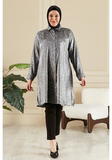 Kadın Tesettür Büyük Beden Leopar Desenli Uzun Gömlek Tunik 001