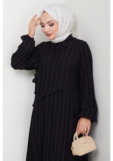 Çapraz Bağlamalı Bürümcük Elbise 1617 - Siyah Siyah