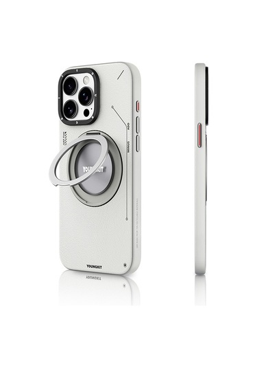 iPhone Uyumlu 15 Pro Kılıf Magsafe Şarj Özellikli 360 Standlı Deri Desenli Youngkit Tech Leather Serisi Gri