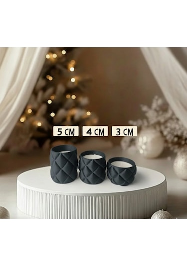 Kapitone Desen 3'lü Tealight Mumluk Seti - Mum Hediyeli Koyu Gri