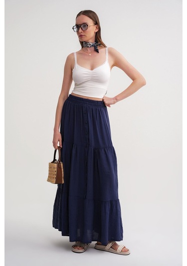 4662 Kadın Düğme Detaylı Büzgülü Modal Etek Lacivert Lacivert
