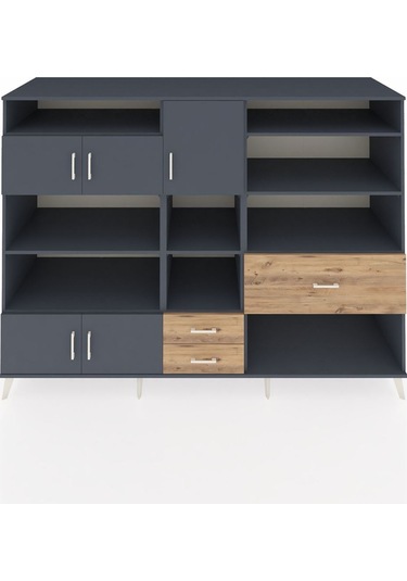 Kronos Dolap 13 Raflı 3 Çekmeceli 5 Kapaklı 220x59x163 Antrasit-a Antrasit-antrasit/çam