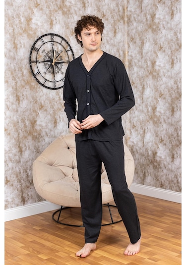 Erkek Boydan Düğmeli Yüksel Kalite Pamuk Pijama Takımı 16511 Antrasit