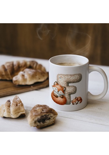 F Harfi Tasarım Bardak, Sevimli Hayvan Temalı Harf Bardağı Beyaz