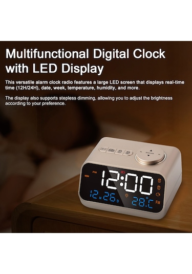 Çok İşlevli Çalar Saat Fm Radyo Şarj Edilebilir Led Dijital Saat Sıcaklık Ve Nem Göstergesi Sesle Etkinleştirilen/sürekli Açma/kapatma, Parlaklık/ses Ayarlanabilir, Erteleme Fonksiyonu