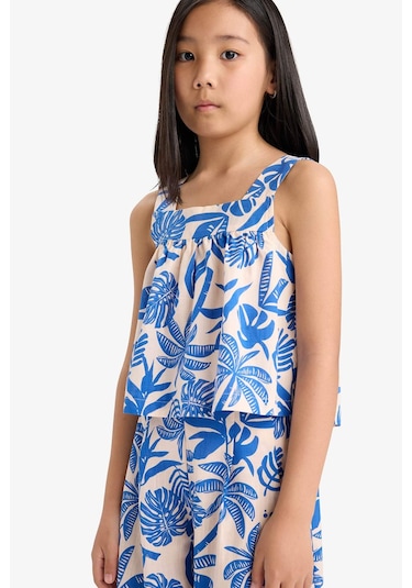 DeFacto Kız Çocuk 2'li Takım Keten Görünümlü Desenli Kolsuz Bluz Pantolon E6610A825HSER134