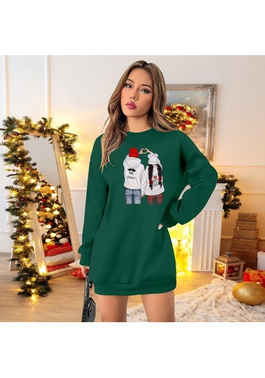 Kadın Uzun Kollu Bisiklet Yaka Desenli Viskon Iki Iplik Elbise Yeşil