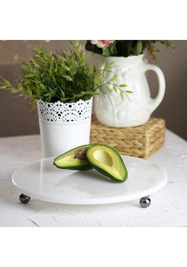 Akayev Mermer Beyaz 30 Cm Füme Boncuk Ayaklı Yuvarlak Sunumluk