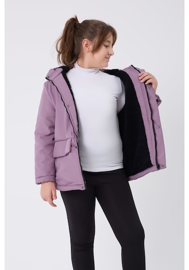 Kız Çocuk Lila Içi Kürklü Su Ve Rüzgar Geçirmez Kapüşonlu 3 Cep Kışlık Mont & Kaban & Parka Lila