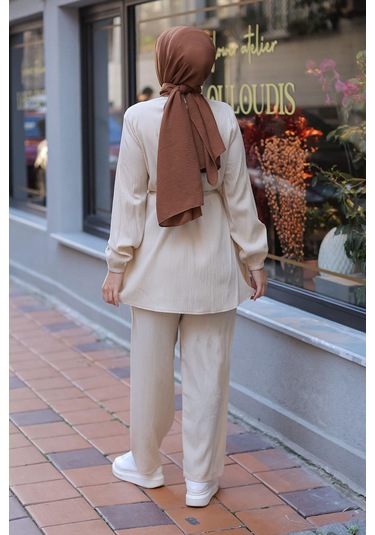 Hakim Yaka Detaylı Tesettür Bej Takım Bej