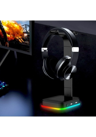 Pazly Rgb Bilgisayar Standı Kulaklık Tutucu, 2'li Hub, Usb Şarj, Çıkarılabilir Askılı, Oyuncu Kulaklık