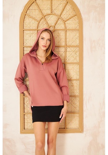Kadın Scuba Kapüşonlu Arkası Uzun Salaş Rahat Kalıp Sweatshirt 3506230 Gülkurusu