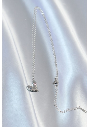 316l Çelik Zincir Gümüş Renk Renkli Zirkon Taşlı Kalp Kolye Altın