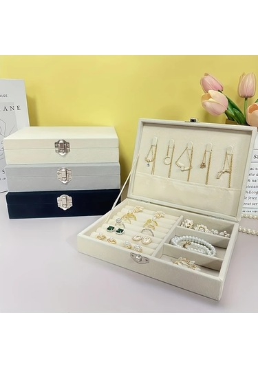 Elmpaly Beige Vintage Kumaş Mücevher Kutusu Yumuşak Kadife Astarlı Kilitlenebilir