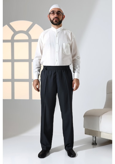 Erkek Rahat Kesim Beli Lastikli Cepli Hac Ve Umre Kumaş Şalvar Pantolon - Antrasit İsr 001