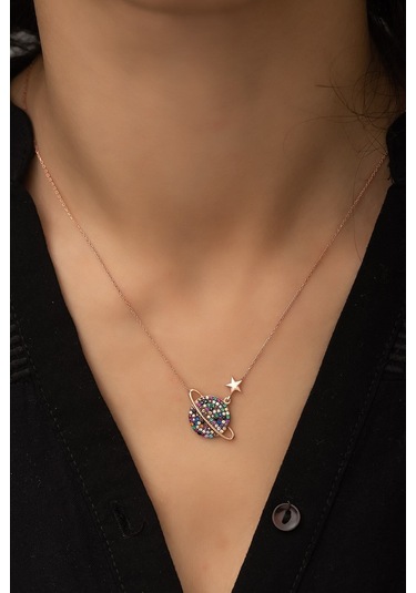 Renkli Taşlı Gezegen Kolye Rose Altın Kaplama 925 Ayar Gümüş Kadın Kolye Gümüş