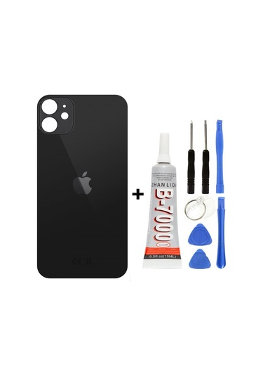iPhone Uyumlu, Uyumlu, 12 Arka Cam Kapağı + Yapıştırıcı + Tamir Set - Siyah Siyah