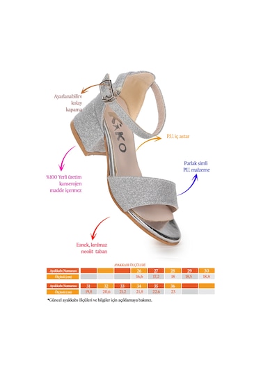 Kiko Kids Alexa Günlük Kız Çocuk 4 Cm Topuklu Sandalet Abiye Ayakkabı Gümüş GÜMÜŞ
