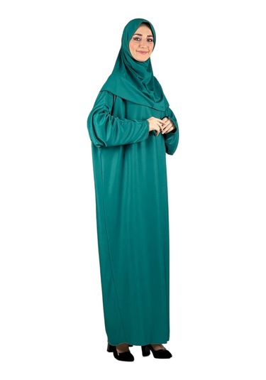 Namaz Elbisesi Eşarp Seccade Tesbih Set, İslami Giyim Takım Ferace Turban Şal Yeşil