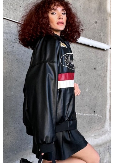 Bigdart 0698 Baskılı Suni Deri Bomber Ceket - Siyah 001