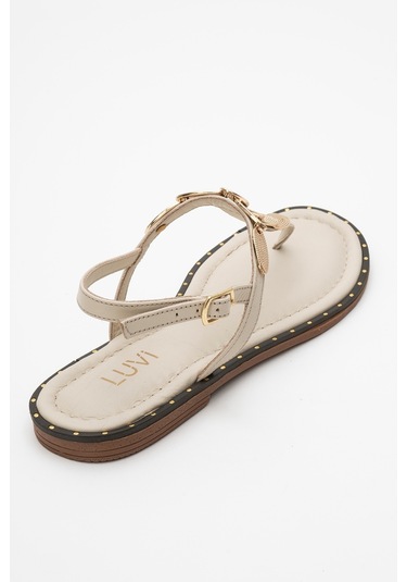 Marea Bej Hakiki Deri Parmak Arası Gold Tokalı Kadın Sandalet Bej