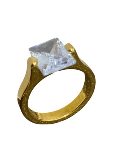 Altın Renkli Parlak Nişan Model Kare Taşlı 316l Çelik Yüzük Işıltılı, Zarif Kadın Takı 17 Ölçü Altın