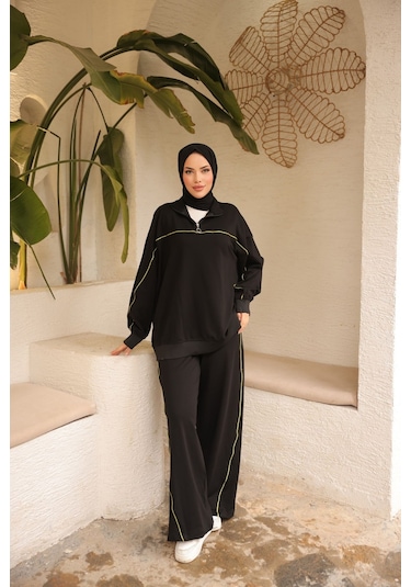 Tesettür Eşofman Takımı Ikili Takım Fermuarlı Yaka M-483 Siyah