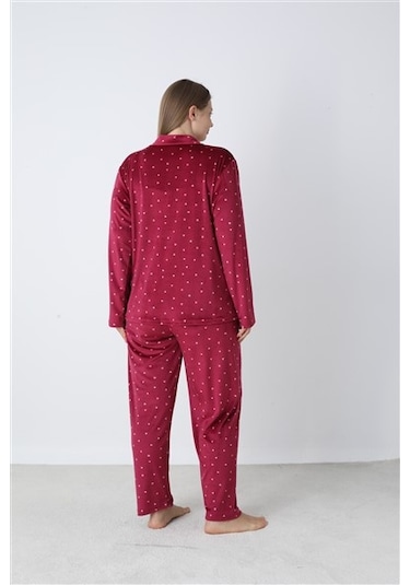 Battal Estiva Puantiyeli Önden Düğmeli Kadife Bayan Pijama Takım Bordo