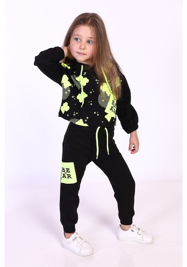 Toontoy Kız Çocuk Baskılı Eşofman Takımı Siyah