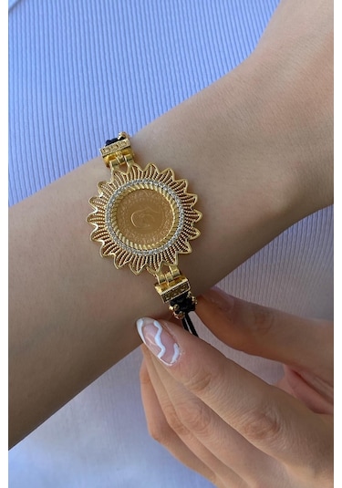 Zümrüt Sarraf 22 Ayar Altın Bayan Siyah İpli Çeyrekli Bileklik