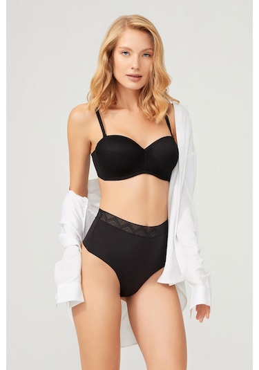 Siyah Balenli Toparlayıcı Dolgusuz Straplez Lotus Sütyen Siyah