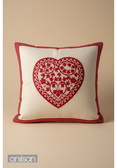 Kalp Desenli Çift Taraflı Kırlent Kılıfı - 45x45 Cm Yılbaşı Dekoratif Kırmızı - Beyaz