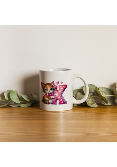 X Harfli Bardak, Sevimli Kedili Pembe Tasarım Bardak, Arkadaşa Aileye Hediye Porselen Beyaz