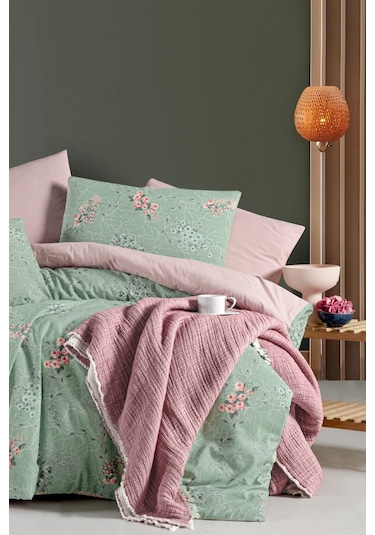 Lastikli Çarşaflı Tek Kişilik Nevresim Takımı Green Yeşil Somon