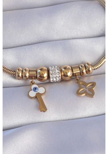 Zarif Kadın İçin Golden Çelik Zirkon Yonca Nazarlık Anahtar Stil Bileklik Gri