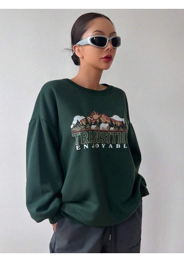 Transition Sweatshirt - Yeşil Baskılı Oversize Kalın Kışlık Bisiklet Yaka Yeşil