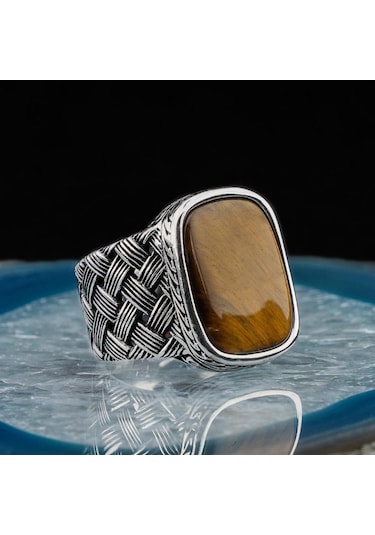 925 Ayar Gümüş Dikdörtgen Kaplan Gözlü Taşlı Örgü Desenli Erkek Yüzük Gümüş