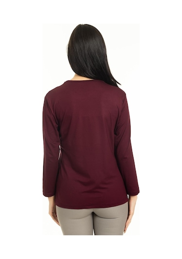Yeni Sezon Kadın Orta Yaş ve Üzeri Yeni Desen Triko Yaka Likralı Anne Penye Bluz 30520-Bordo
