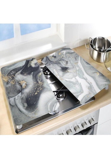 Dekoratif Cam Ocak Koruyucu ve Kesim Tahtası Gri Altın Mermer (60