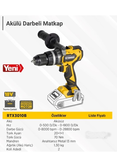 Rtrmax RTX3010B Akülü Kömürsüz 80NM Solo Darbeli Matkap