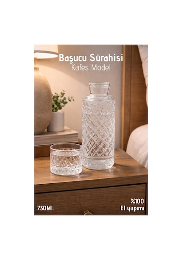 El Yapımı Cam, Kafes Modelli Başucu Sürahisi - 730ml. Bardaklı Sürahi