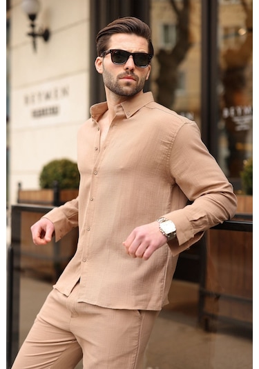 Madmext Camel Gömlek Pantolon Erkek İkili Takım E7322 Camel