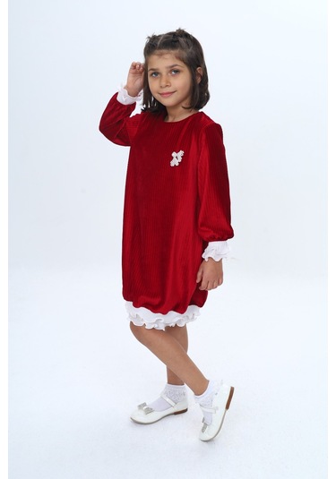 Toontoy Kız Çocuk Kadife Fırfır Detaylı Elbise Kırmızı