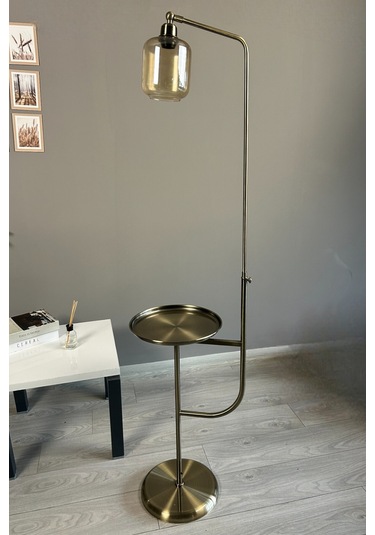 Diona Cam Bal Rengi Eskitme Gövde Düz Tepsili Lambader Modern Oturma Odası Uyumlu Natural