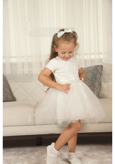 Tüllü Baskısız Düz Üst Kısım Ribana Alt Kısım Astarlı Tütü Etek Kız Çocuk Prenses Kısa Kollu Elbise Beyaz