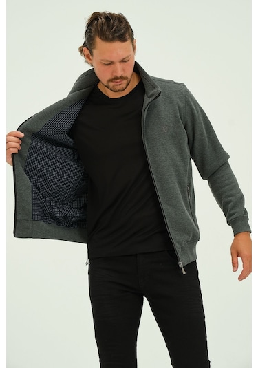 Msw Fermuarlı İçi Astarlı Regular Fit Erkek Dik Yaka Selanik Hırka Gri