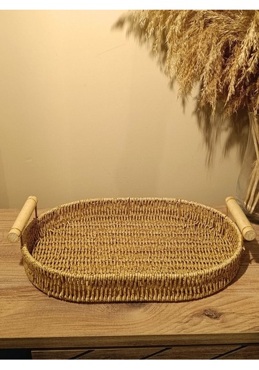 Hasır Rattan Bambu Kulplu Örme Tepsi Orta Boy Oval Diğer